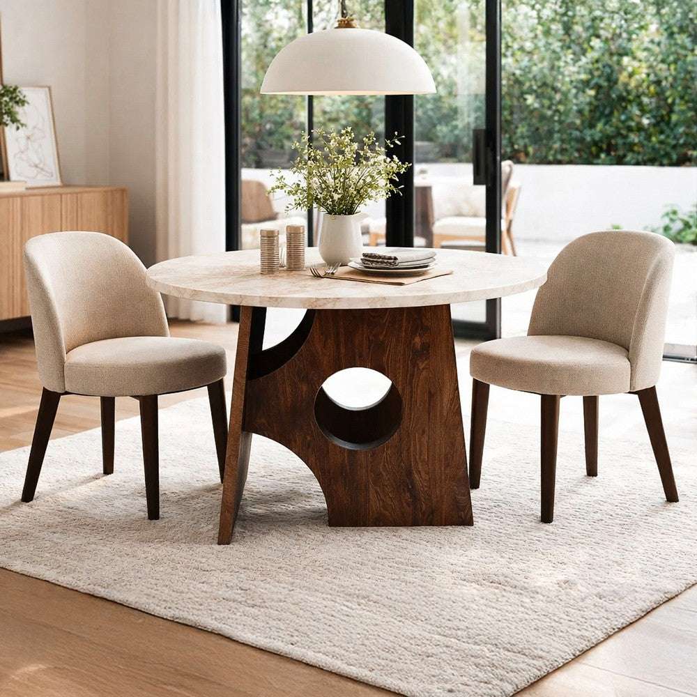 The Urban Port Tara Dining Table | 48 Inch Round Botticino Italian White Marble Top | Walnut Brown Artisan Base