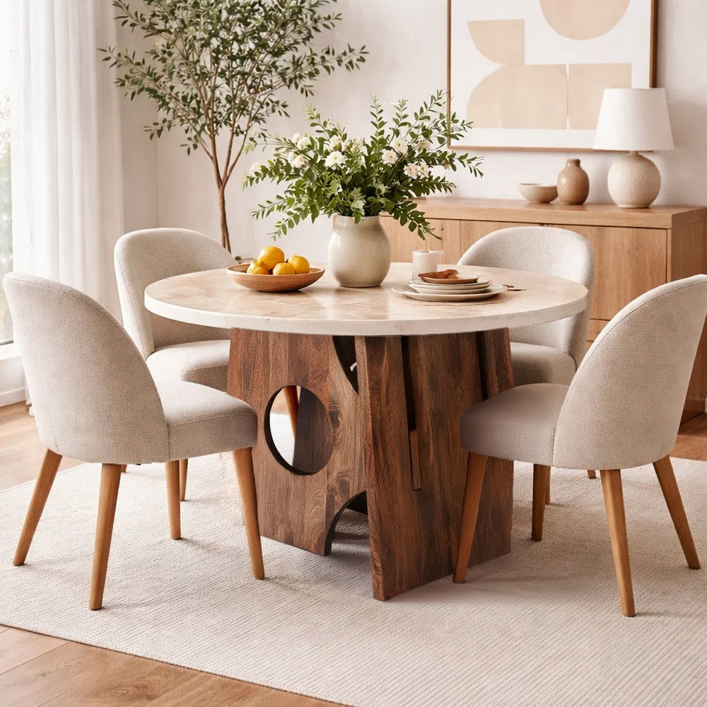 The Urban Port Tara Dining Table | 48 Inch Round Botticino Italian White Marble Top | Walnut Brown Artisan Base