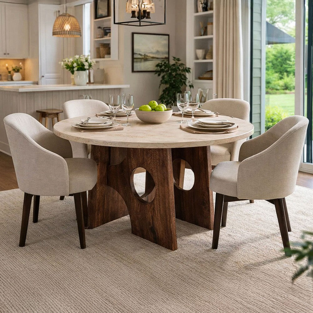 The Urban Port Tara Dining Table | 48 Inch Round Botticino Italian White Marble Top | Walnut Brown Artisan Base