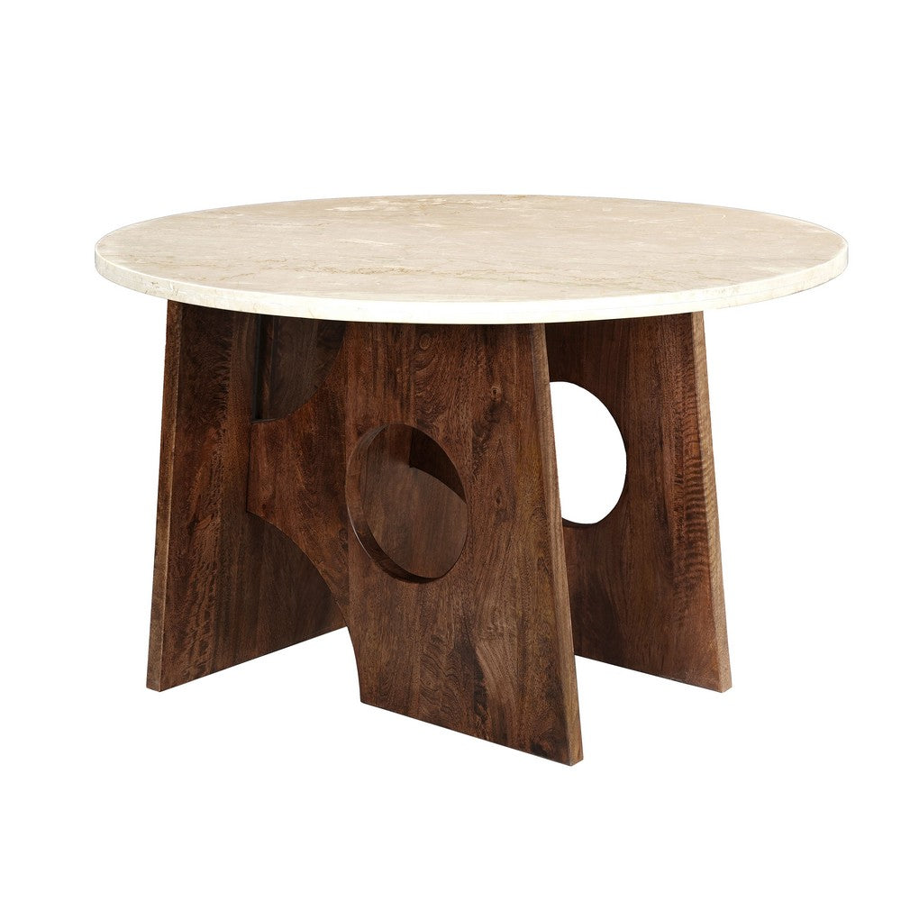 The Urban Port Tara Dining Table | 48 Inch Round Botticino Italian White Marble Top | Walnut Brown Artisan Base