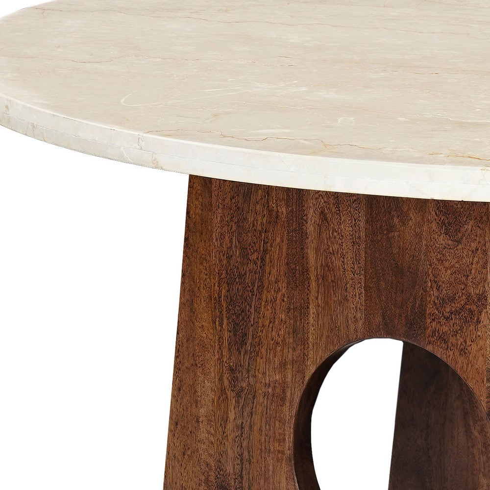 The Urban Port Tara Dining Table | 48 Inch Round Botticino Italian White Marble Top | Walnut Brown Artisan Base