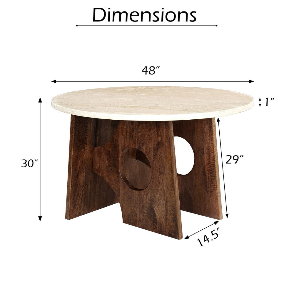 The Urban Port Tara Dining Table | 48 Inch Round Botticino Italian White Marble Top | Walnut Brown Artisan Base