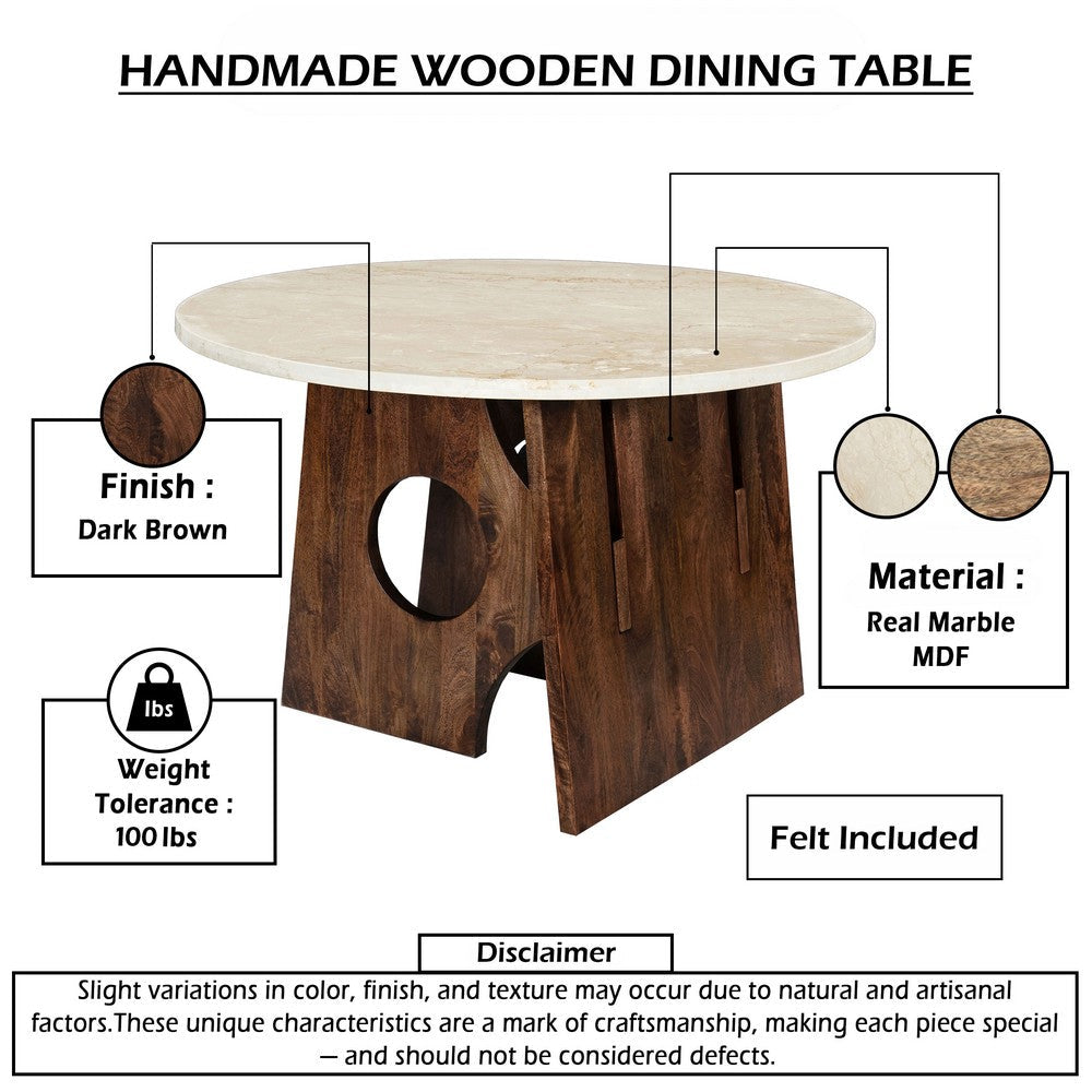 The Urban Port Tara Dining Table | 48 Inch Round Botticino Italian White Marble Top | Walnut Brown Artisan Base