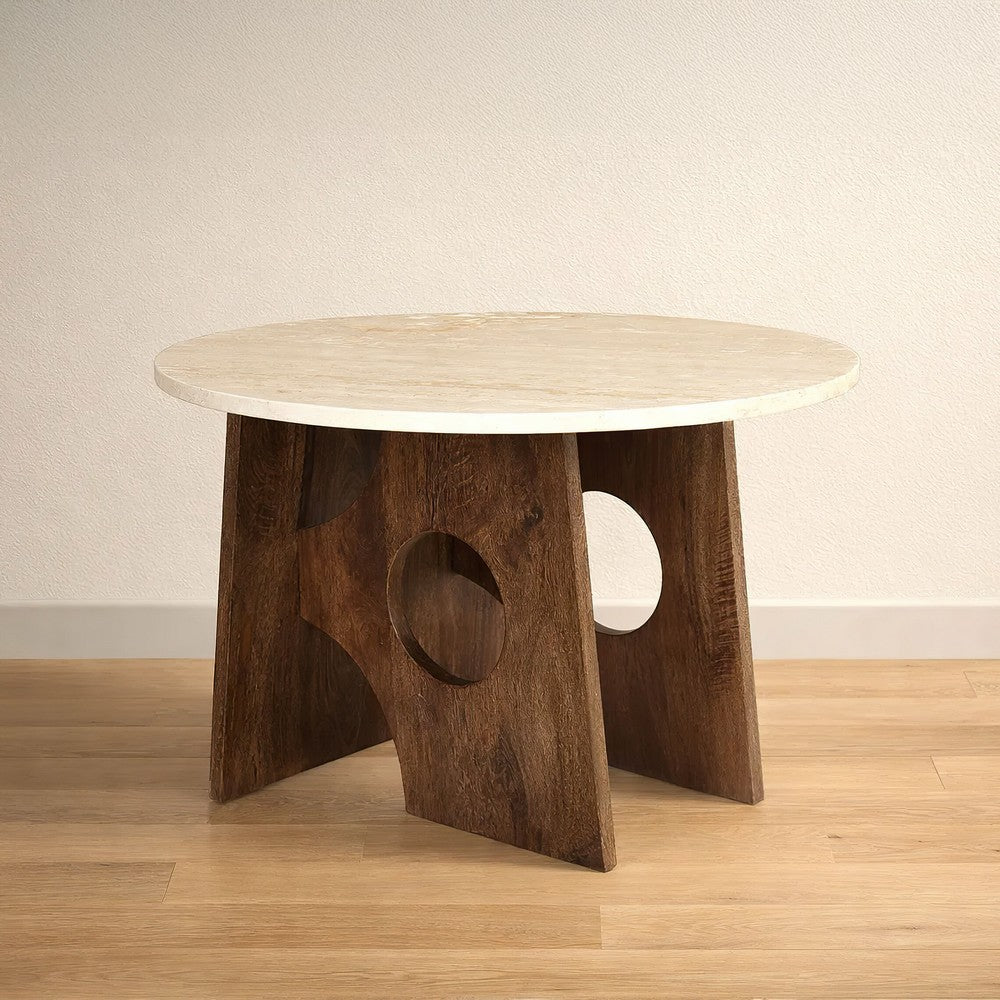 The Urban Port Tara Dining Table | 48 Inch Round Botticino Italian White Marble Top | Walnut Brown Artisan Base
