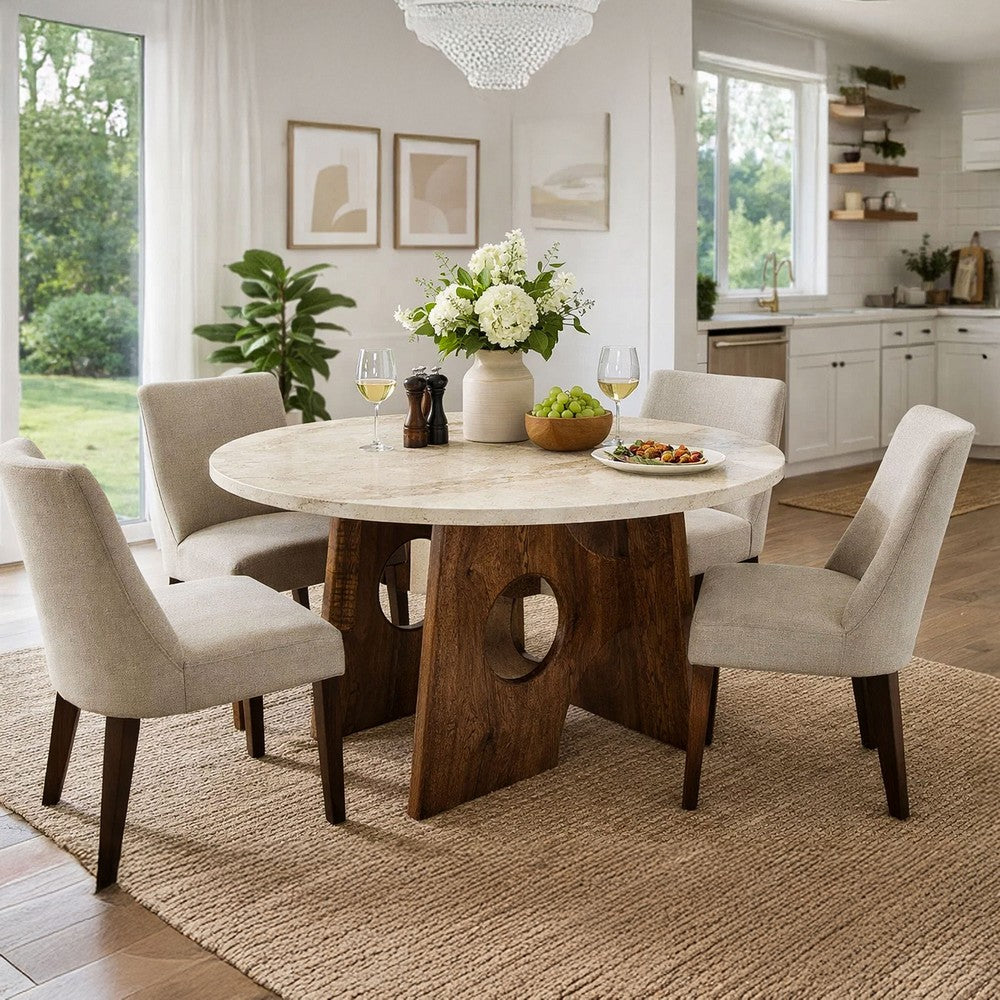The Urban Port Tara Dining Table | 48 Inch Round Botticino Italian White Marble Top | Walnut Brown Artisan Base