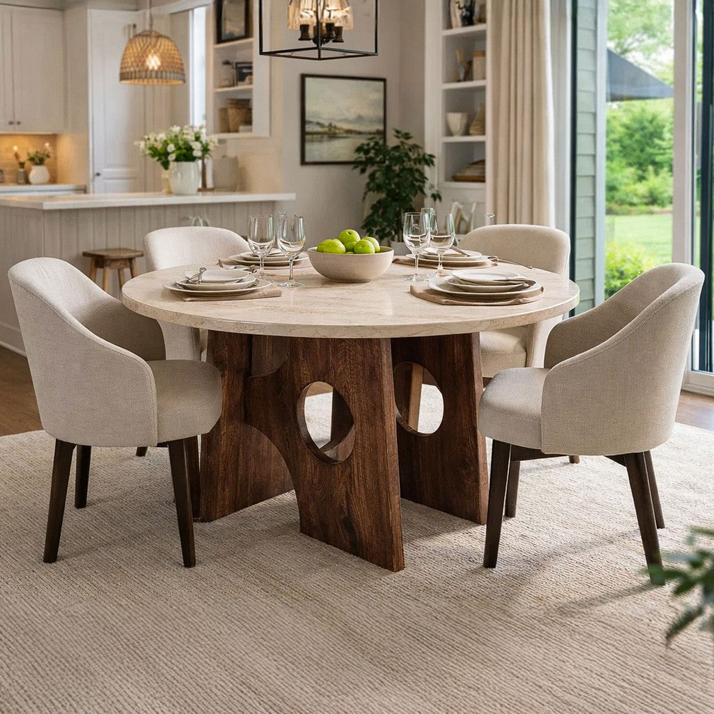 The Urban Port Tara Dining Table | 48 Inch Round Botticino Italian White Marble Top | Walnut Brown Artisan Base