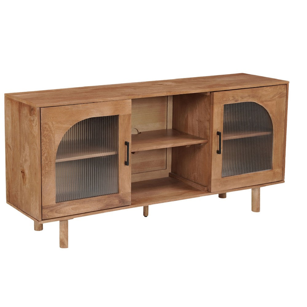 The Urban Port 64 Inch James TV Stand Console, 2 Arch Glass Door Cabinets & Shelves, Walnut Brown Mango Wood
