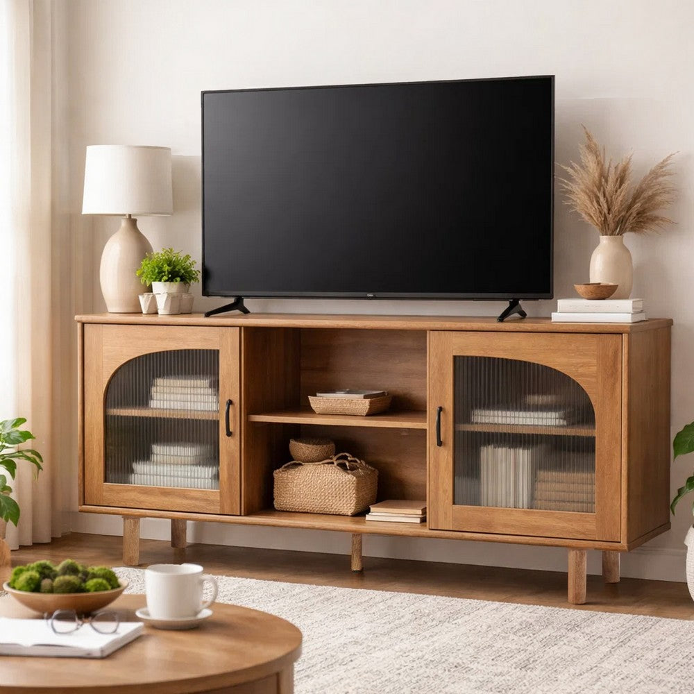 The Urban Port 64 Inch James TV Stand Console, 2 Arch Glass Door Cabinets & Shelves, Walnut Brown Mango Wood