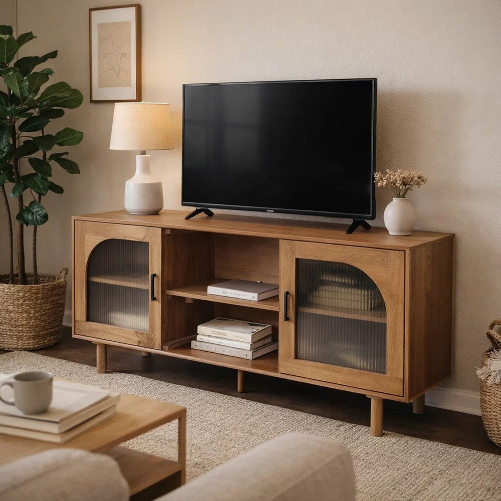 The Urban Port 64 Inch James TV Stand Console, 2 Arch Glass Door Cabinets & Shelves, Walnut Brown Mango Wood