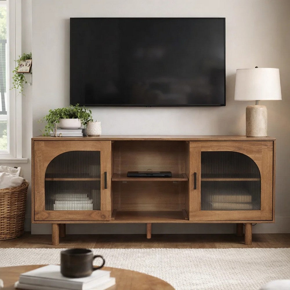 The Urban Port 64 Inch James TV Stand Console, 2 Arch Glass Door Cabinets & Shelves, Walnut Brown Mango Wood