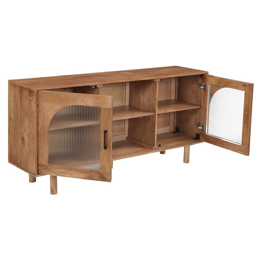 The Urban Port 64 Inch James TV Stand Console, 2 Arch Glass Door Cabinets & Shelves, Walnut Brown Mango Wood