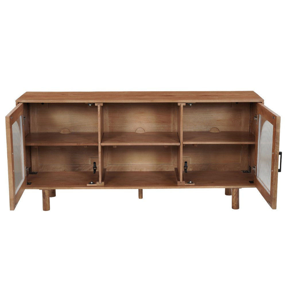The Urban Port 64 Inch James TV Stand Console, 2 Arch Glass Door Cabinets & Shelves, Walnut Brown Mango Wood
