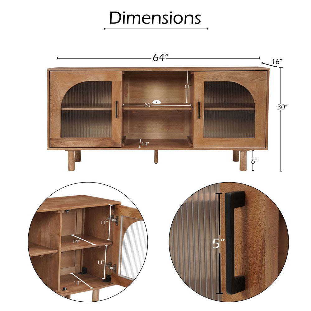 The Urban Port 64 Inch James TV Stand Console, 2 Arch Glass Door Cabinets & Shelves, Walnut Brown Mango Wood