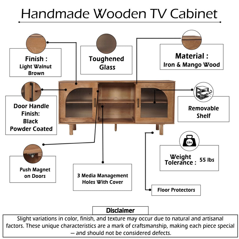 The Urban Port 64 Inch James TV Stand Console, 2 Arch Glass Door Cabinets & Shelves, Walnut Brown Mango Wood