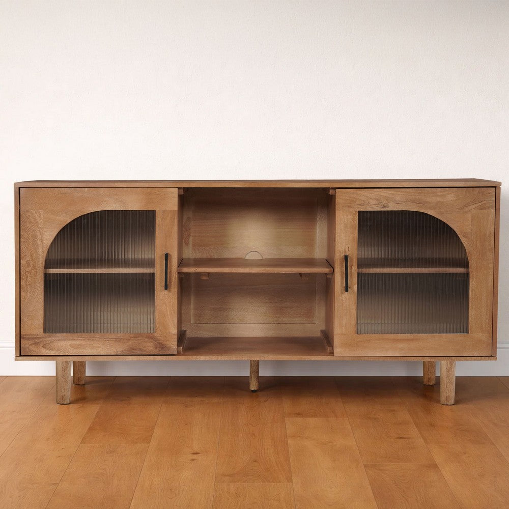 The Urban Port 64 Inch James TV Stand Console, 2 Arch Glass Door Cabinets & Shelves, Walnut Brown Mango Wood