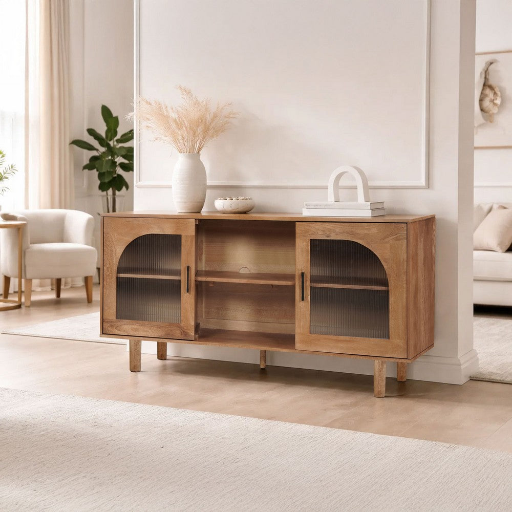 The Urban Port 64 Inch James TV Stand Console, 2 Arch Glass Door Cabinets & Shelves, Walnut Brown Mango Wood