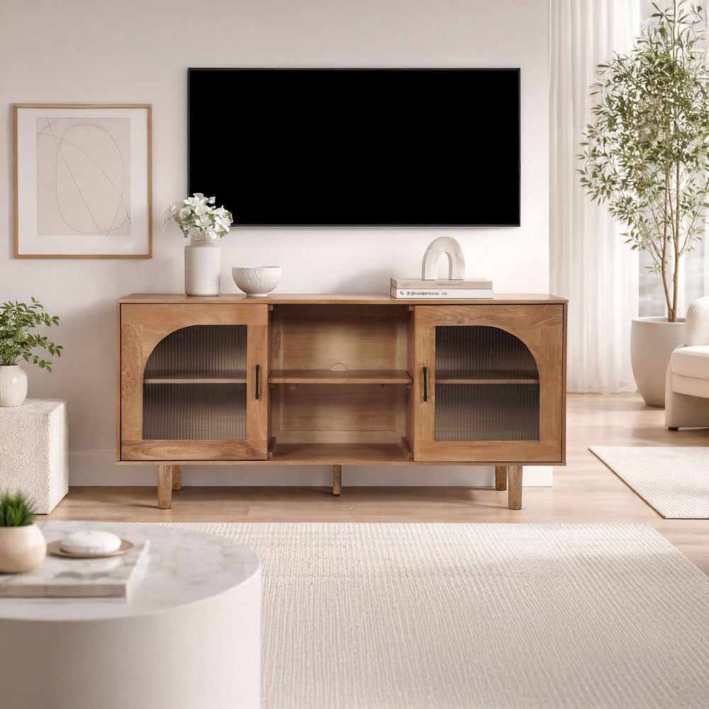 The Urban Port 64 Inch James TV Stand Console, 2 Arch Glass Door Cabinets & Shelves, Walnut Brown Mango Wood
