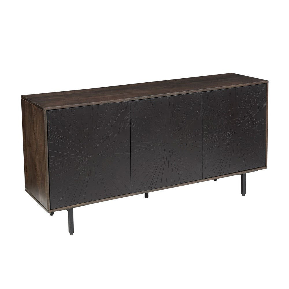 The Urban Port 64 Inch Cosmo TV Stand Console, 3-Door Cabinet, Dark Walnut Brown & Black Mango Wood