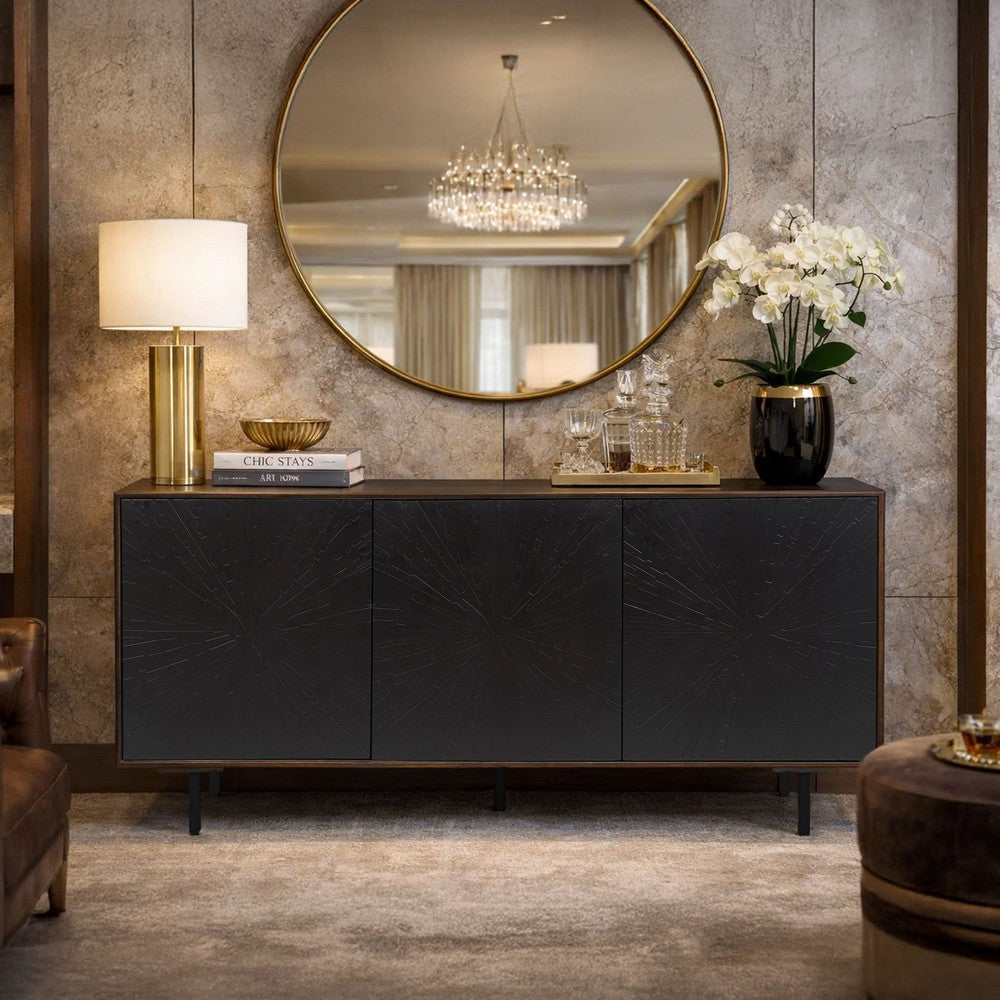 The Urban Port 64 Inch Cosmo TV Stand Console, 3-Door Cabinet, Dark Walnut Brown & Black Mango Wood