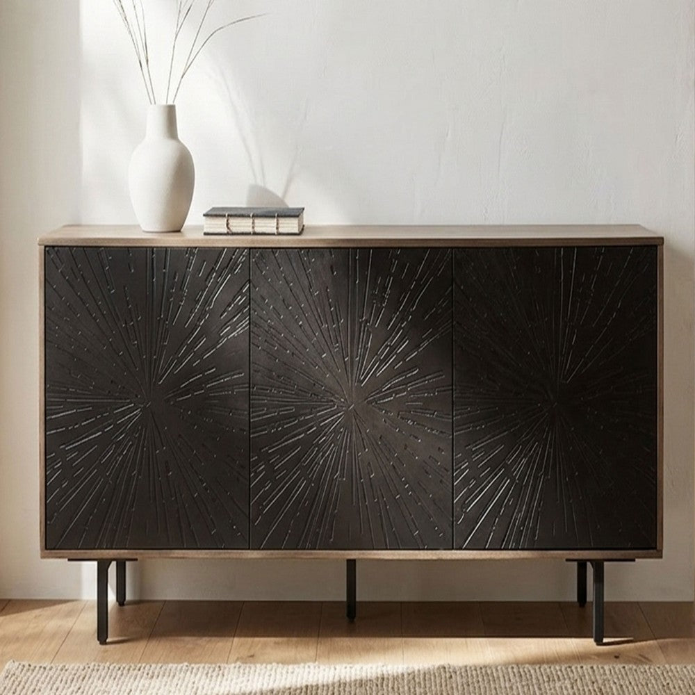 The Urban Port 64 Inch Cosmo TV Stand Console, 3-Door Cabinet, Dark Walnut Brown & Black Mango Wood