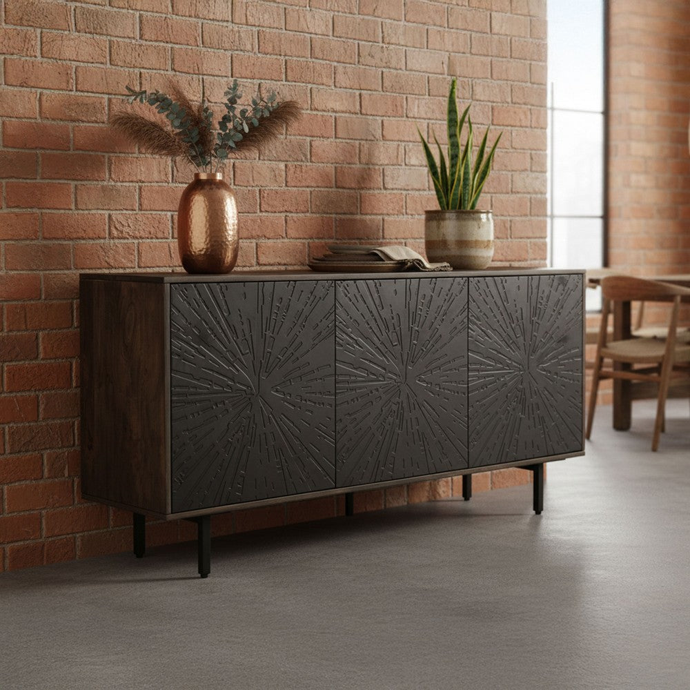 The Urban Port 64 Inch Cosmo TV Stand Console, 3-Door Cabinet, Dark Walnut Brown & Black Mango Wood