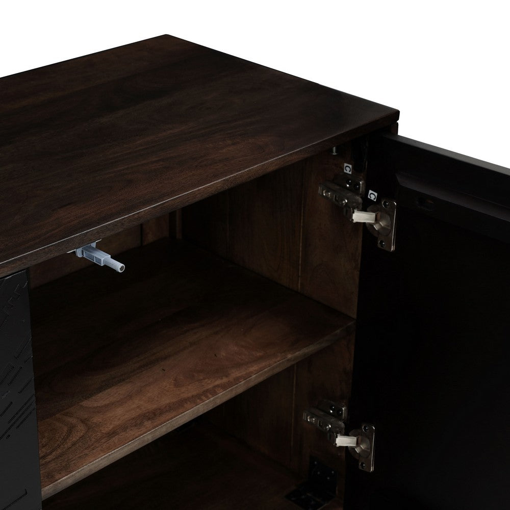 The Urban Port 64 Inch Cosmo TV Stand Console, 3-Door Cabinet, Dark Walnut Brown & Black Mango Wood