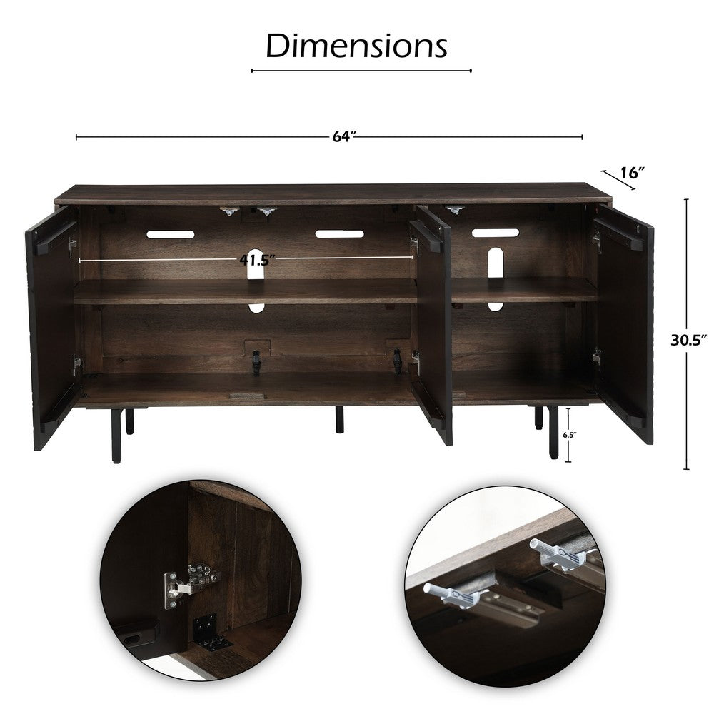The Urban Port 64 Inch Cosmo TV Stand Console, 3-Door Cabinet, Dark Walnut Brown & Black Mango Wood