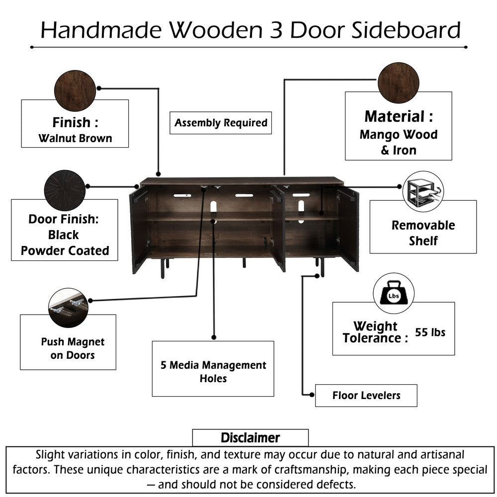 The Urban Port 64 Inch Cosmo TV Stand Console, 3-Door Cabinet, Dark Walnut Brown & Black Mango Wood