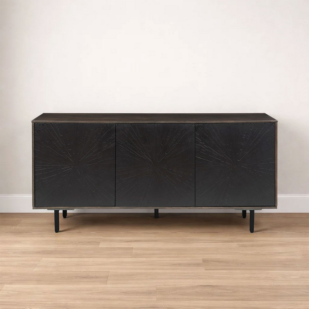 The Urban Port 64 Inch Cosmo TV Stand Console, 3-Door Cabinet, Dark Walnut Brown & Black Mango Wood