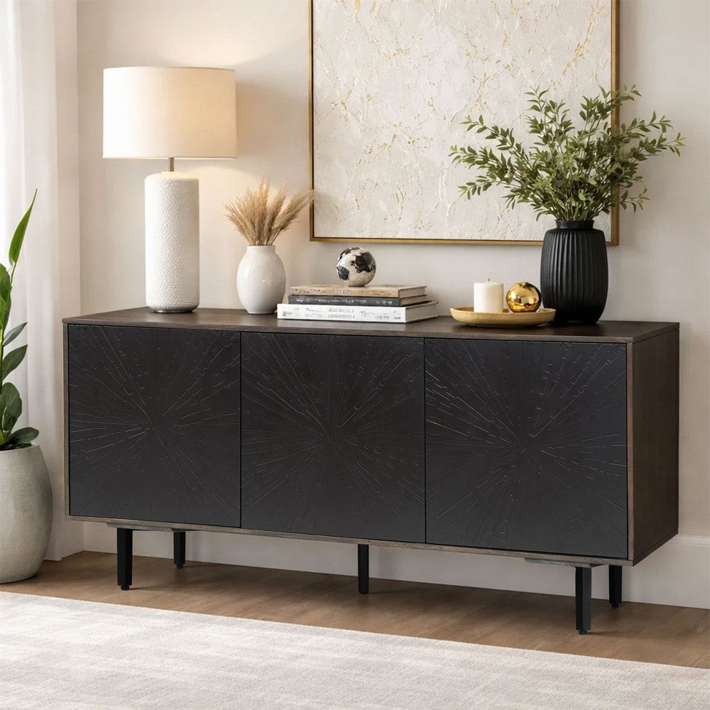 The Urban Port 64 Inch Cosmo TV Stand Console, 3-Door Cabinet, Dark Walnut Brown & Black Mango Wood