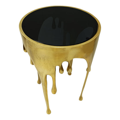 The Urban Port Capri Side End Table | 24.75 Inch Round Glass Top | Melting Drip Design | Antique Gold