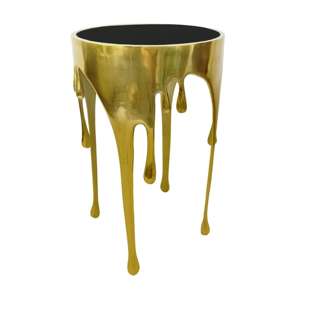 The Urban Port Capri Side End Table | 24.75 Inch Round Glass Top | Melting Drip Design | Antique Gold
