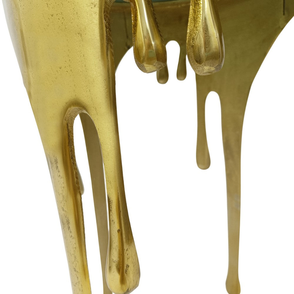 The Urban Port Capri Side End Table | 24.75 Inch Round Glass Top | Melting Drip Design | Antique Gold