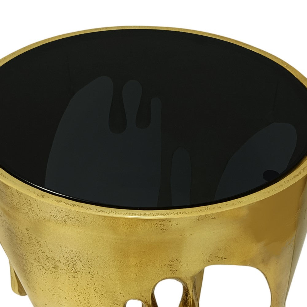 The Urban Port Capri Side End Table | 24.75 Inch Round Glass Top | Melting Drip Design | Antique Gold