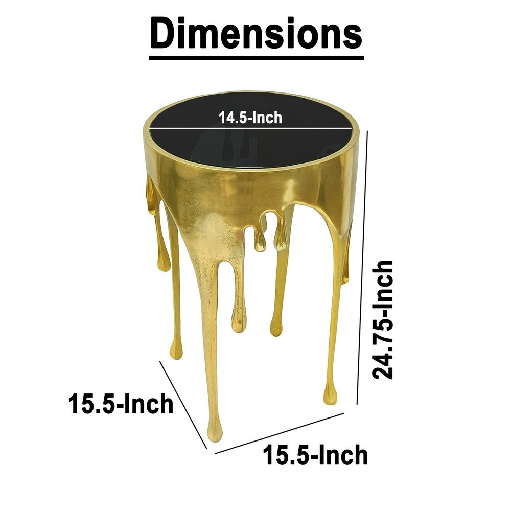 The Urban Port Capri Side End Table | 24.75 Inch Round Glass Top | Melting Drip Design | Antique Gold
