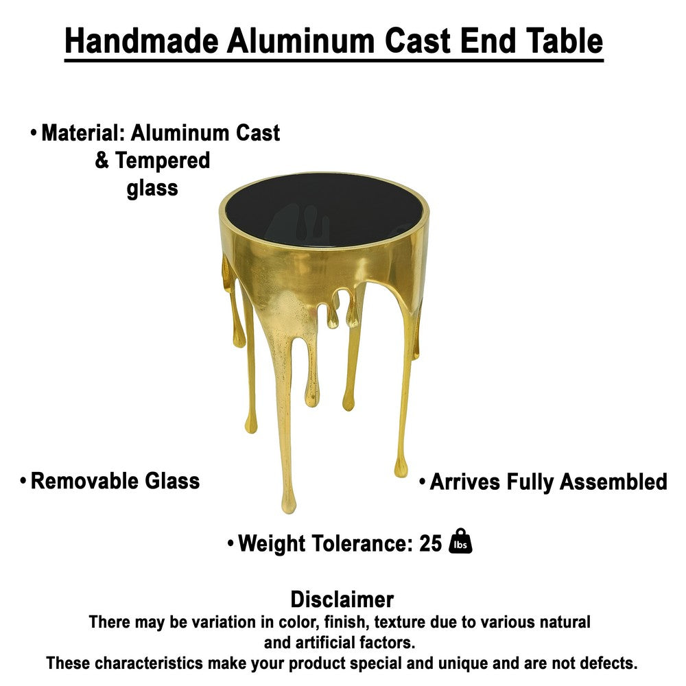 The Urban Port Capri Side End Table | 24.75 Inch Round Glass Top | Melting Drip Design | Antique Gold
