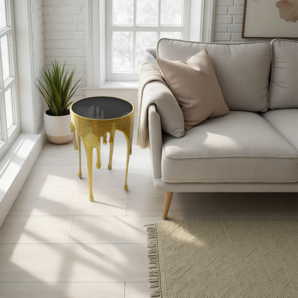 The Urban Port Capri Side End Table | 24.75 Inch Round Glass Top | Melting Drip Design | Antique Gold