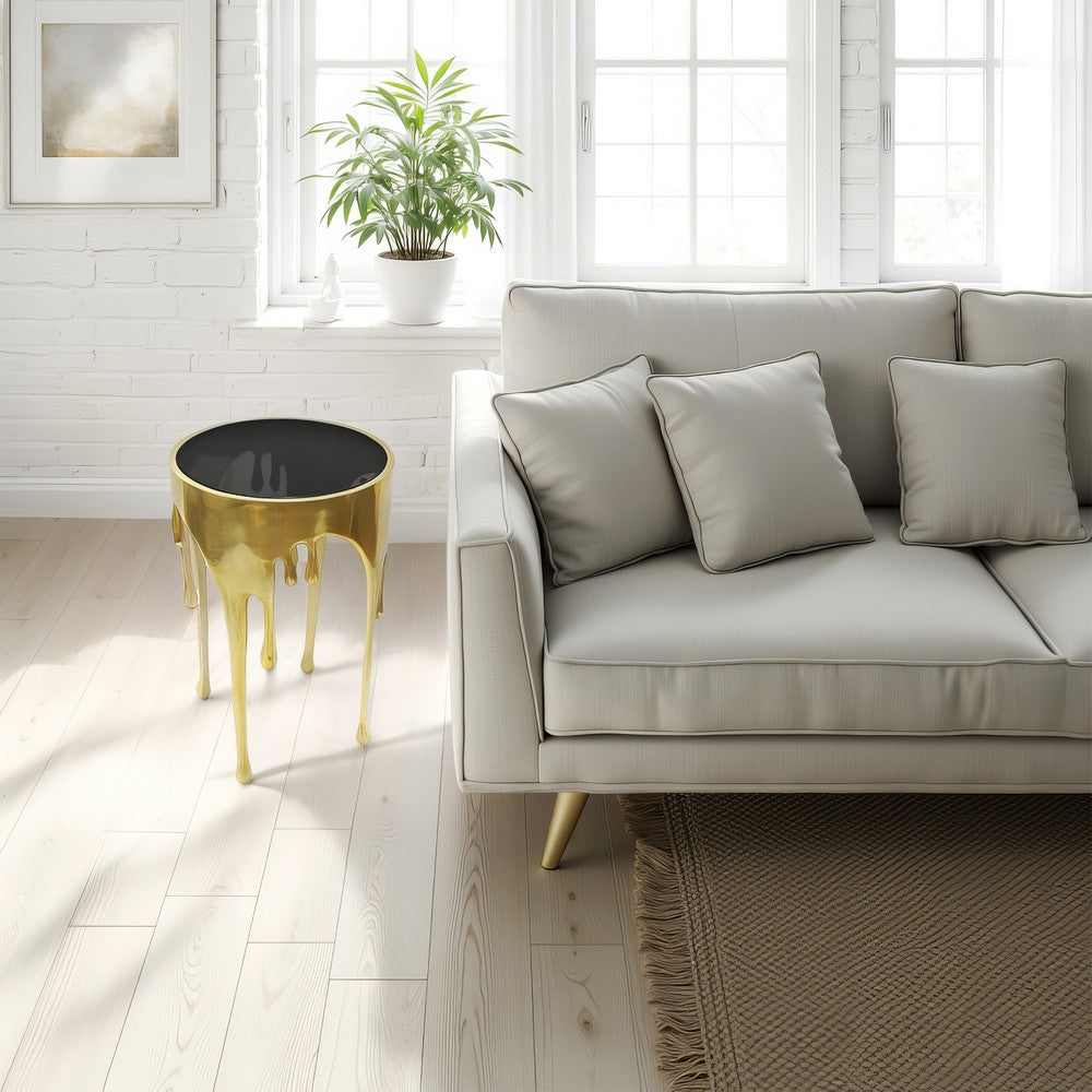 The Urban Port Capri Side End Table | 24.75 Inch Round Glass Top | Melting Drip Design | Antique Gold