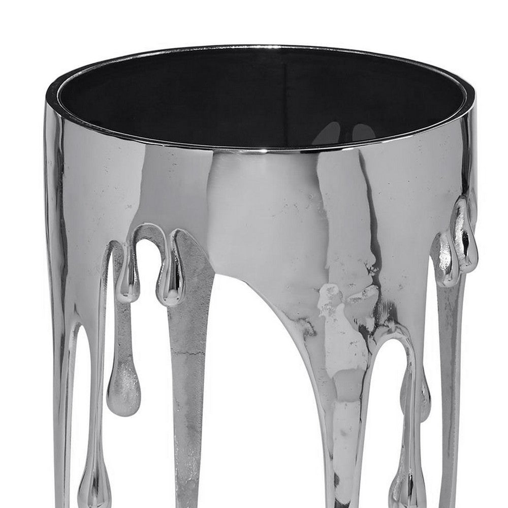 The Urban Port Capri Side End Table | 24.75 Inch Round Glass Top | Melting Drip Design | Silver