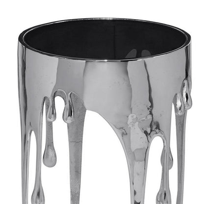 The Urban Port Capri Side End Table | 24.75 Inch Round Glass Top | Melting Drip Design | Silver