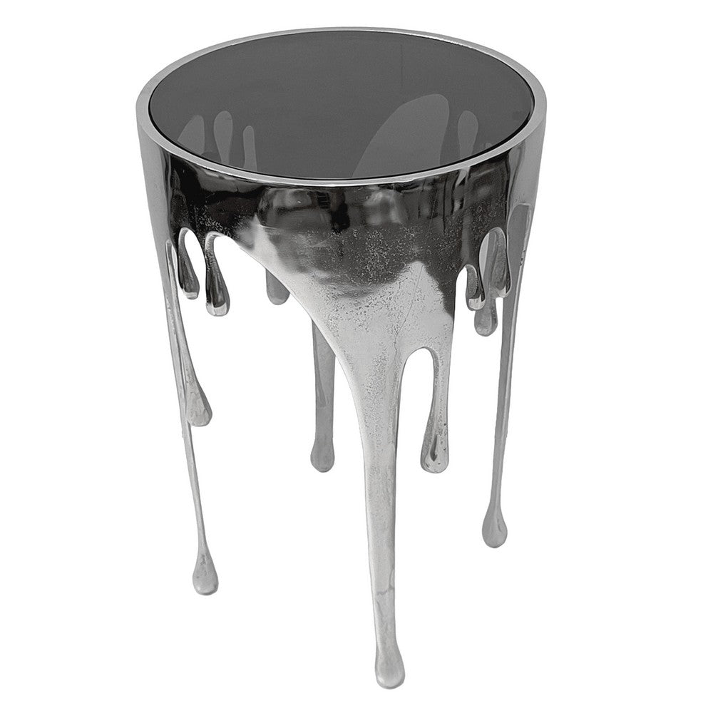 The Urban Port Capri Side End Table | 24.75 Inch Round Glass Top | Melting Drip Design | Silver