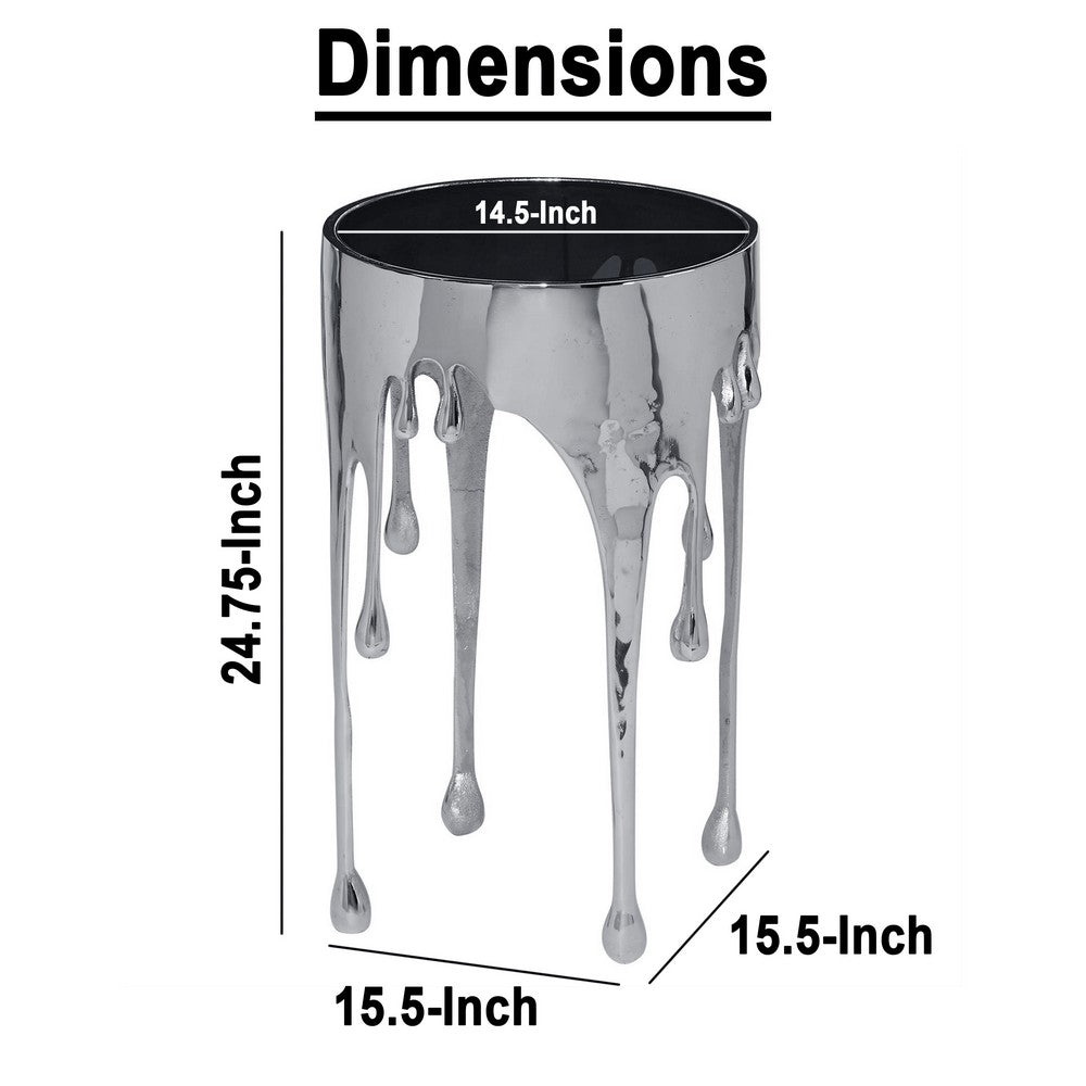 The Urban Port Capri Side End Table | 24.75 Inch Round Glass Top | Melting Drip Design | Silver