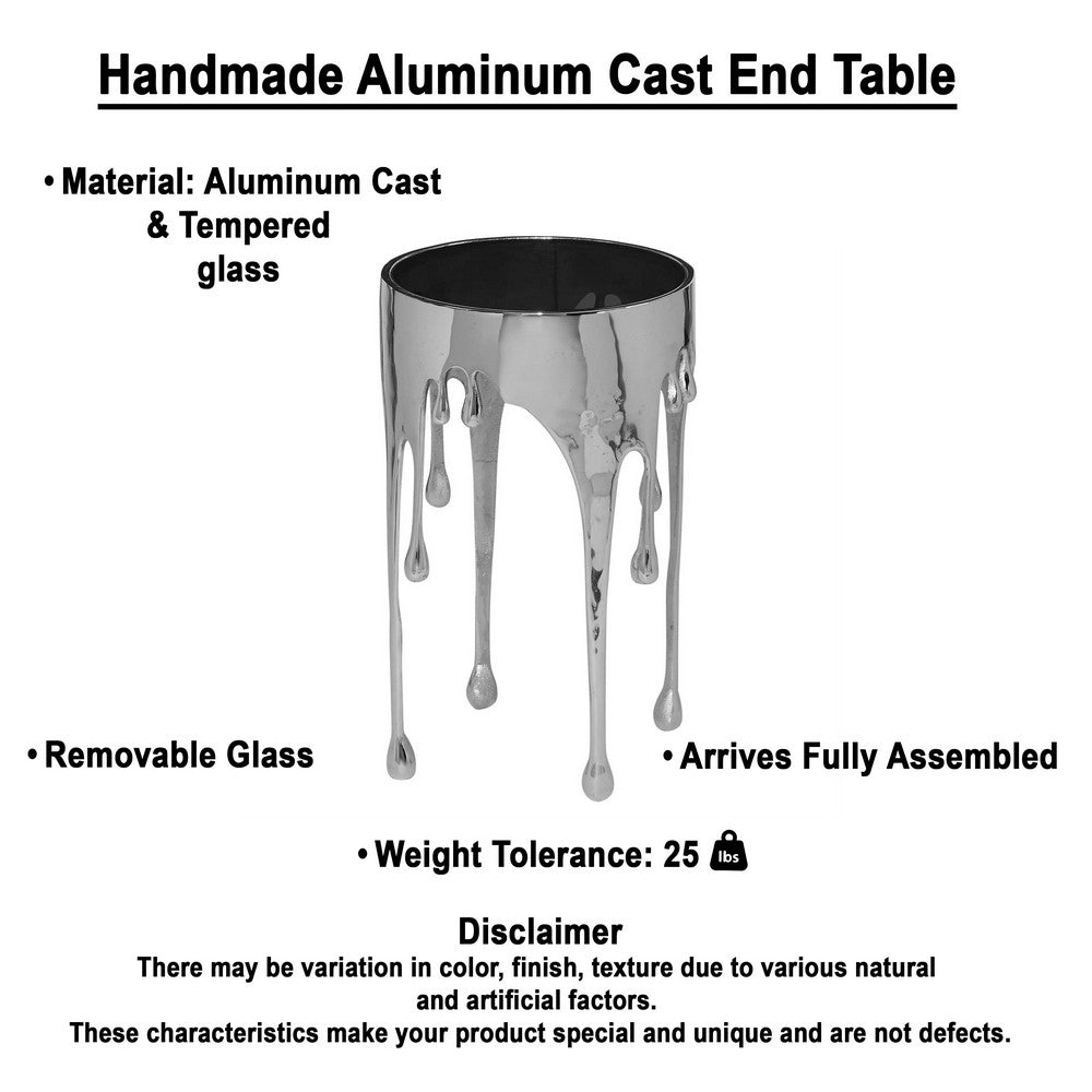 The Urban Port Capri Side End Table | 24.75 Inch Round Glass Top | Melting Drip Design | Silver