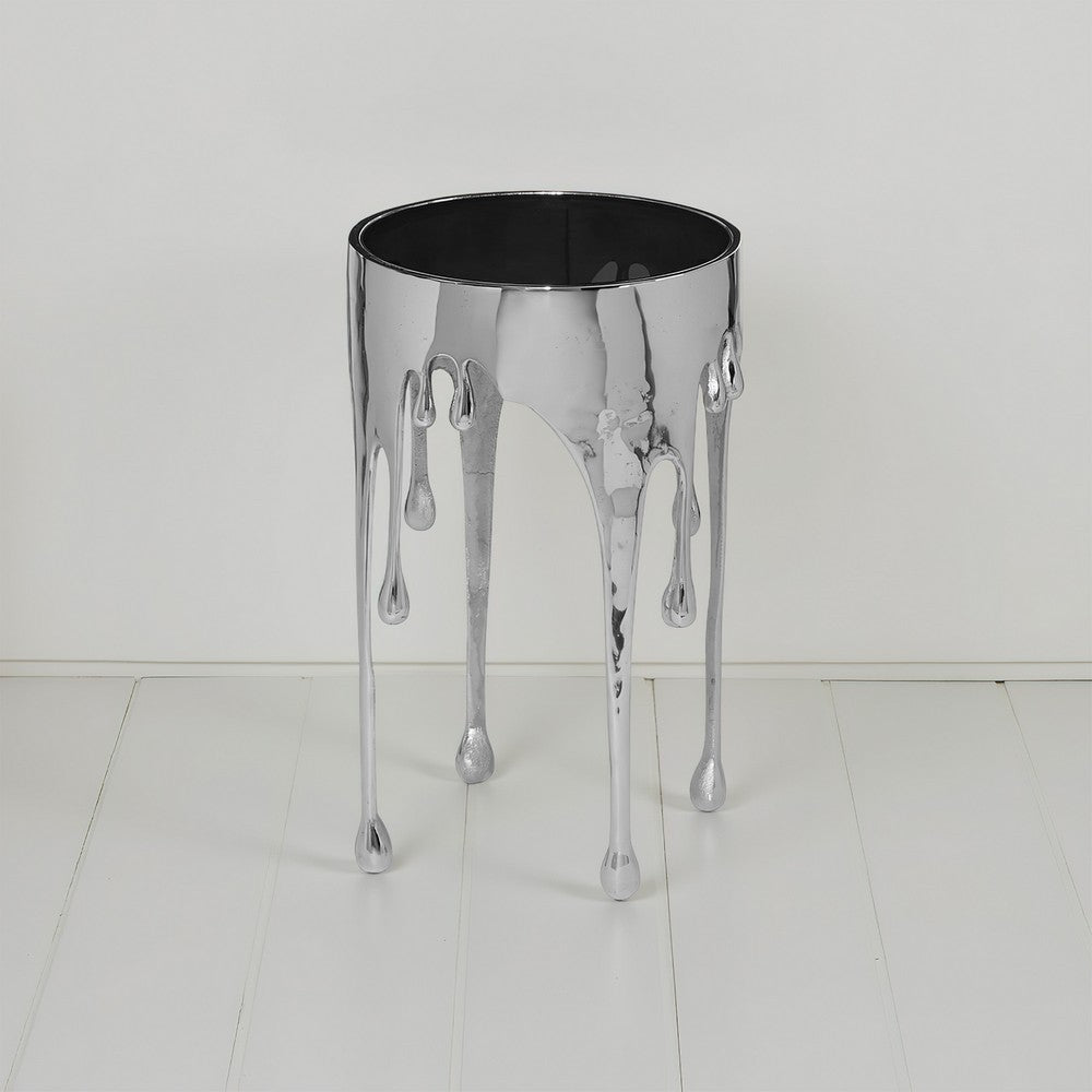 The Urban Port Capri Side End Table | 24.75 Inch Round Glass Top | Melting Drip Design | Silver