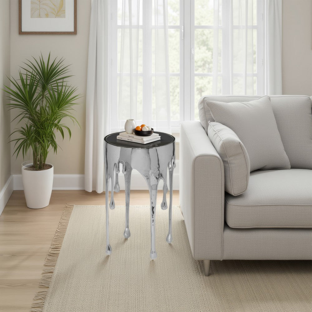 The Urban Port Capri Side End Table | 24.75 Inch Round Glass Top | Melting Drip Design | Silver