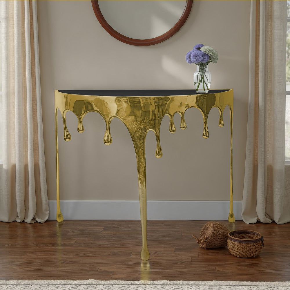 The Urban Port Capri Sofa Console Table | 36.25" Half Moon Glass Top | Melting Drip Design | Aluminum Cast | Antique Gold