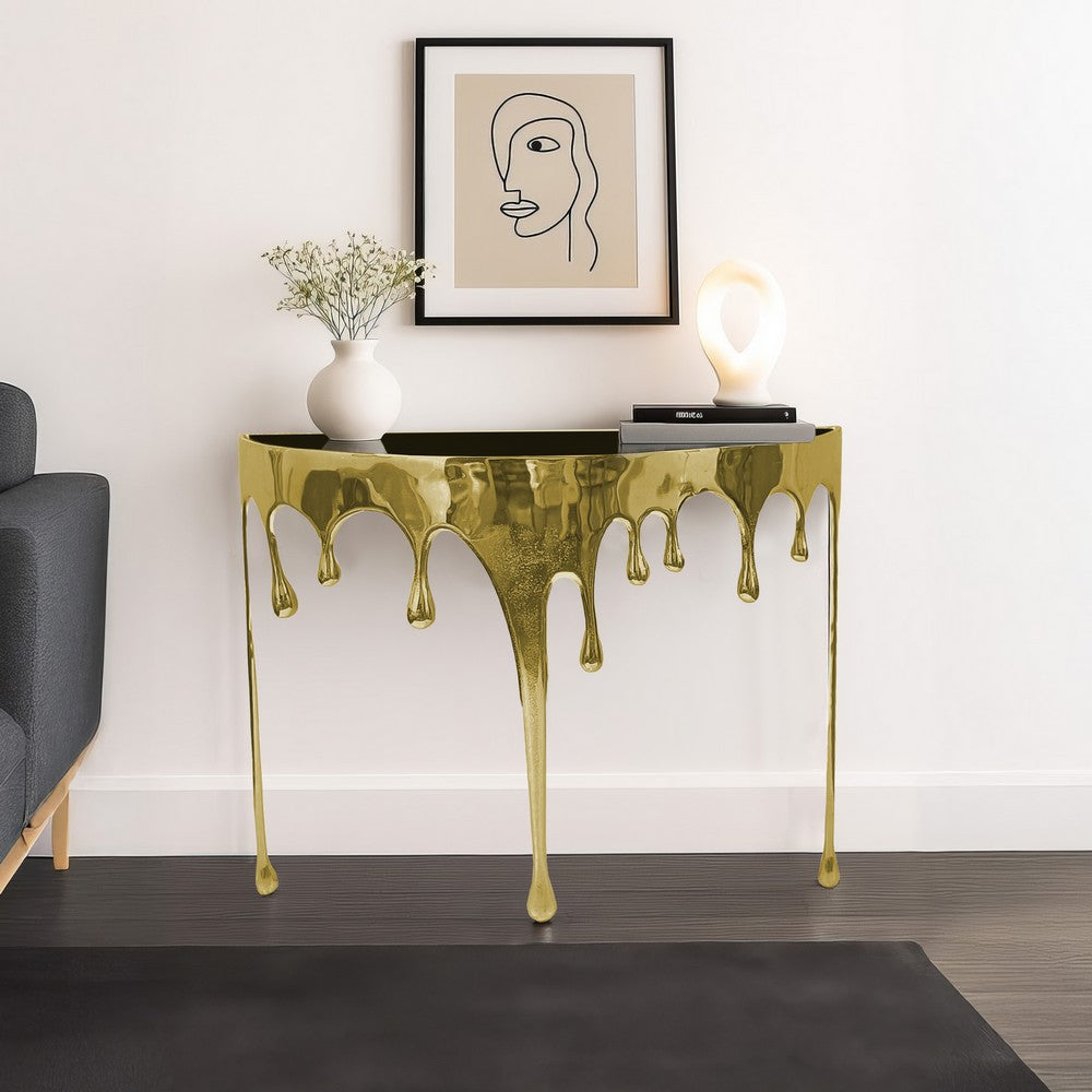 The Urban Port Capri Sofa Console Table | 36.25" Half Moon Glass Top | Melting Drip Design | Aluminum Cast | Antique Gold