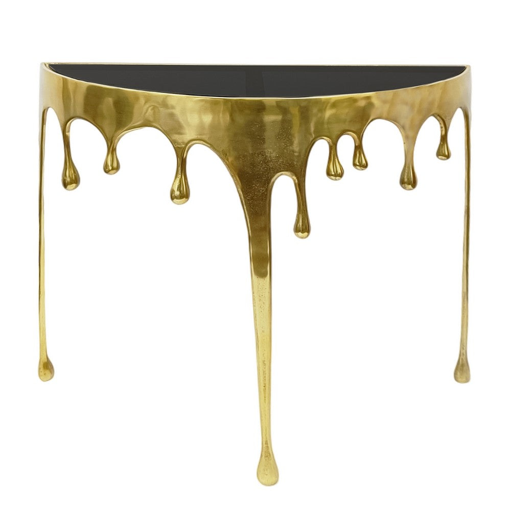 The Urban Port Capri Sofa Console Table | 36.25" Half Moon Glass Top | Melting Drip Design | Aluminum Cast | Antique Gold