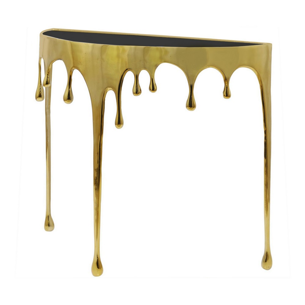 The Urban Port Capri Sofa Console Table | 36.25" Half Moon Glass Top | Melting Drip Design | Aluminum Cast | Antique Gold