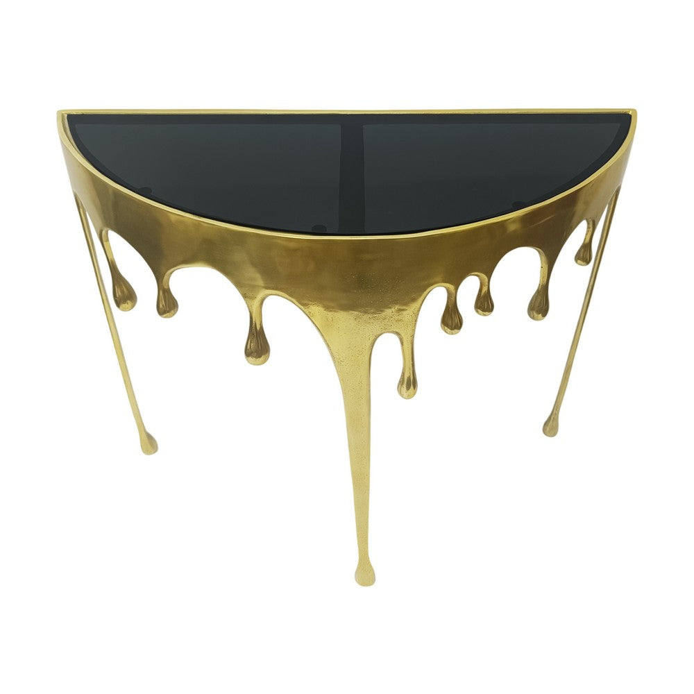 The Urban Port Capri Sofa Console Table | 36.25" Half Moon Glass Top | Melting Drip Design | Aluminum Cast | Antique Gold